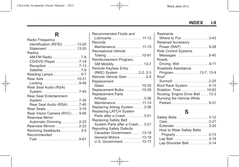 Index_r, Index_s, Index i-9 | CHEVROLET 2010 Avalanche User Manual | Page 505 / 508