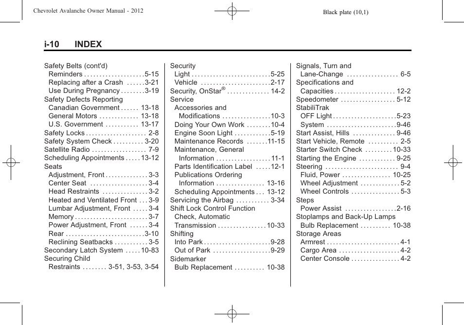 I-10 index | CHEVROLET 2010 Avalanche User Manual | Page 506 / 508