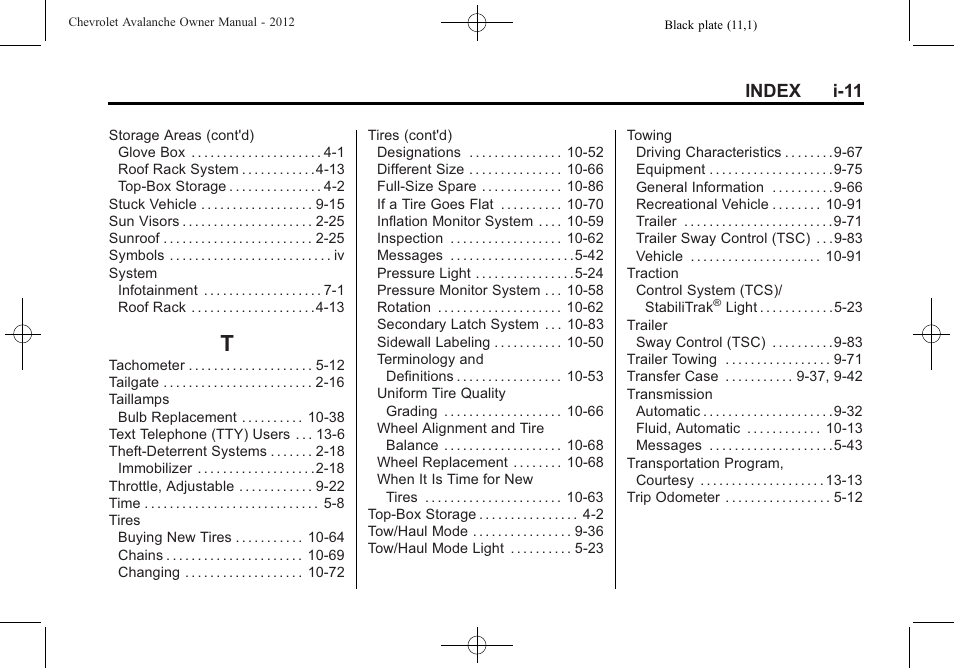 Index_t, Index i-11 | CHEVROLET 2010 Avalanche User Manual | Page 507 / 508