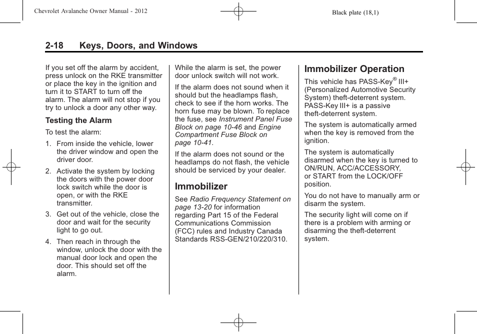 Immobilizer, Immobilizer operation, Immobilizer -18 immobilizer operation -18 | 18 keys, doors, and windows | CHEVROLET 2010 Avalanche User Manual | Page 52 / 508