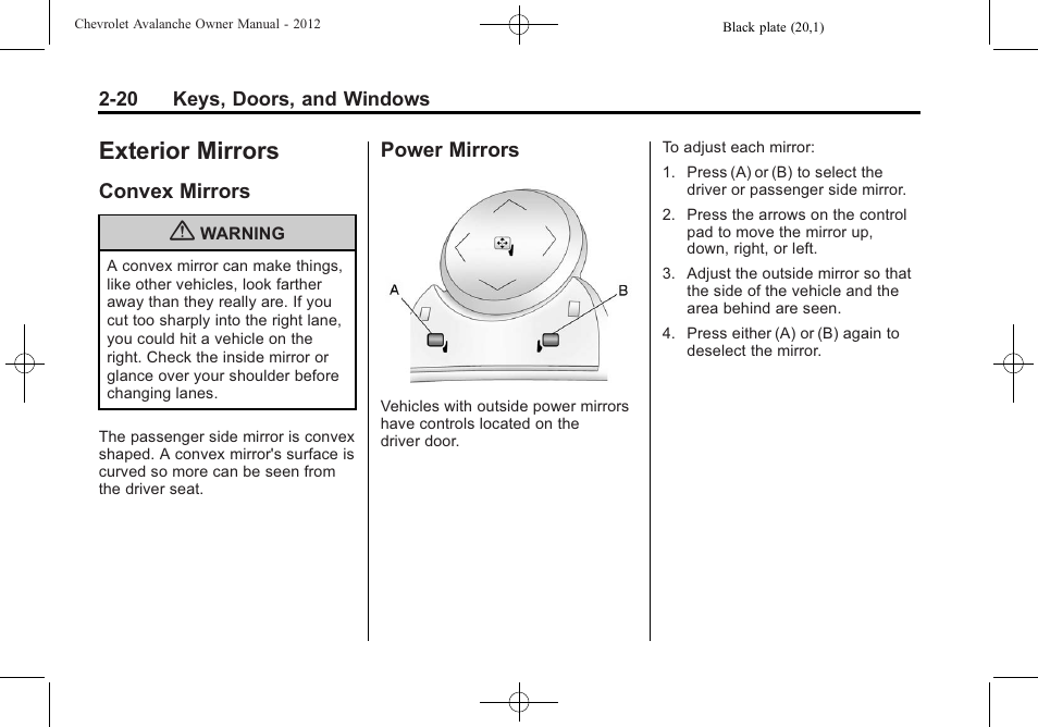 Exterior mirrors, Convex mirrors, Power mirrors | Exterior mirrors -20, Vehicle personalization, Convex mirrors -20 power mirrors -20 | CHEVROLET 2010 Avalanche User Manual | Page 54 / 508