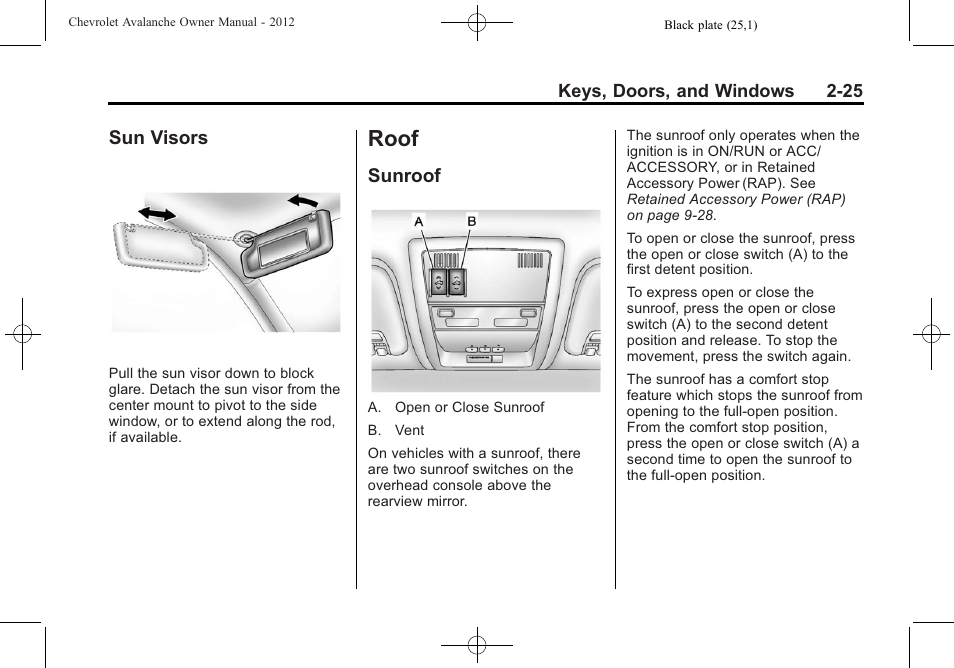 Sun visors, Roof, Sunroof | Roof -25, Sun visors -25, Sunroof -25 | CHEVROLET 2010 Avalanche User Manual | Page 59 / 508