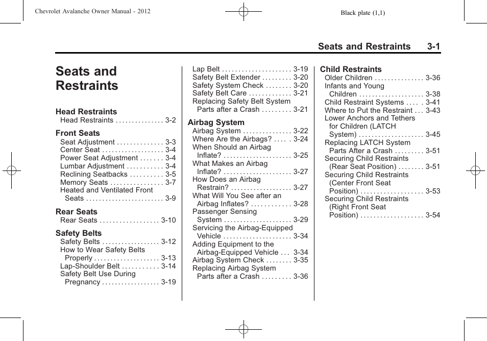 Seats and restraints, Seats and restraints -1, Seats and restraints 3-1 | CHEVROLET 2010 Avalanche User Manual | Page 61 / 508