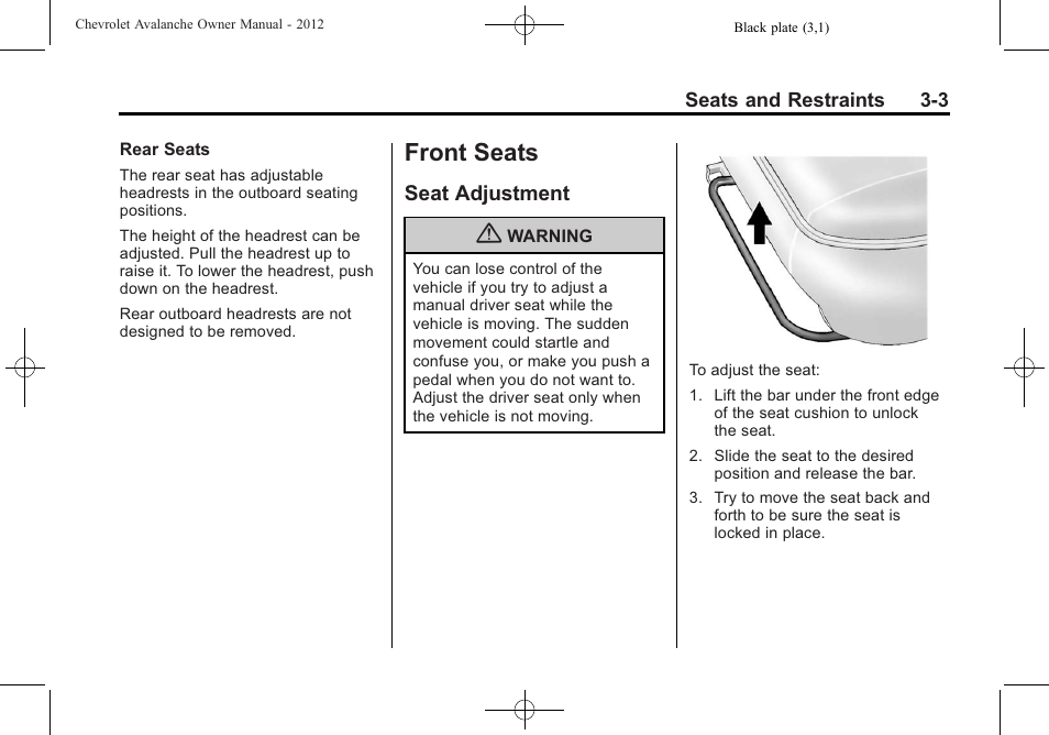 Front seats, Seat adjustment, Front seats -3 | Seat adjustment -3 | CHEVROLET 2010 Avalanche User Manual | Page 63 / 508