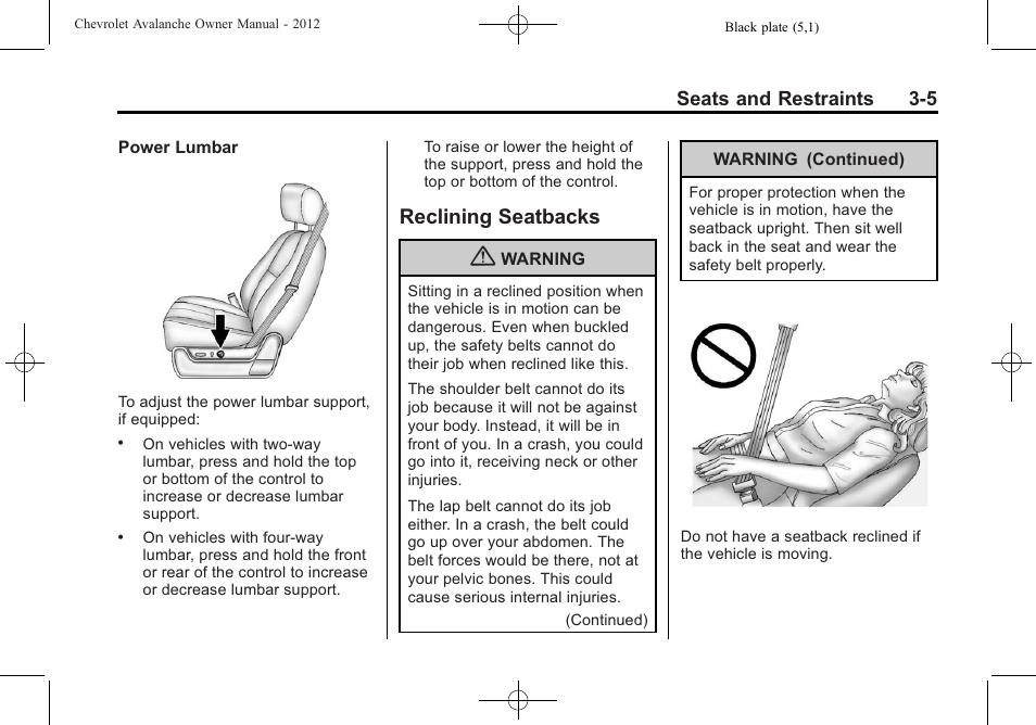 Reclining seatbacks, Reclining seatbacks -5 | CHEVROLET 2010 Avalanche User Manual | Page 65 / 508