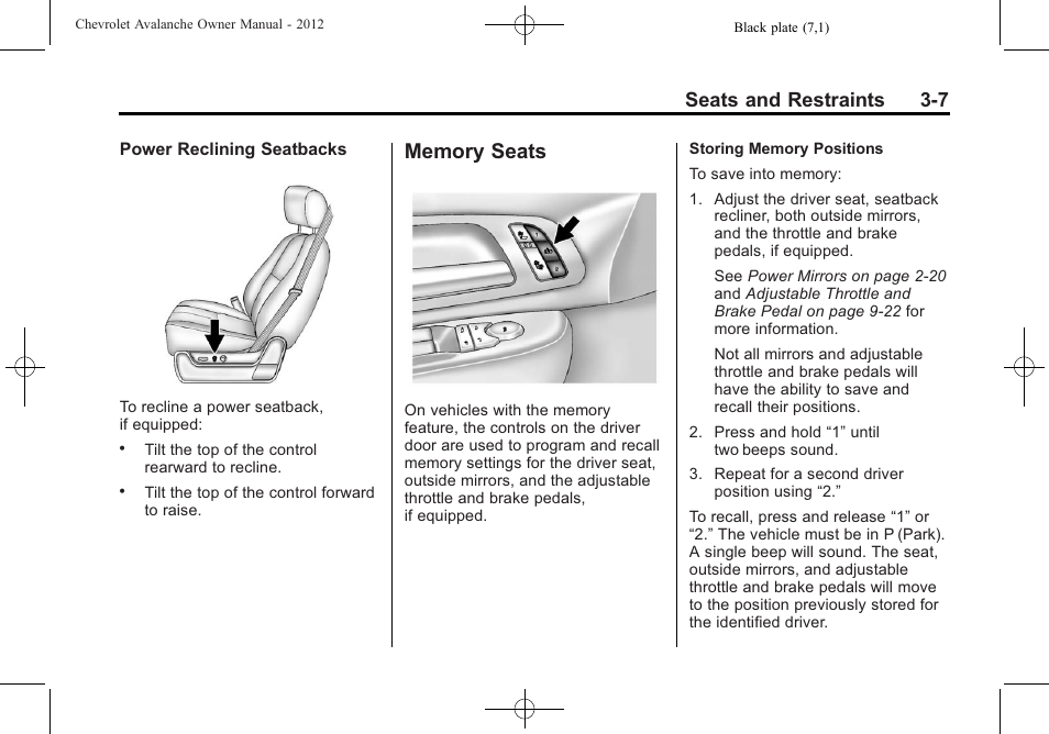 Memory seats, Memory seats -7, Seats and restraints 3-7 | CHEVROLET 2010 Avalanche User Manual | Page 67 / 508