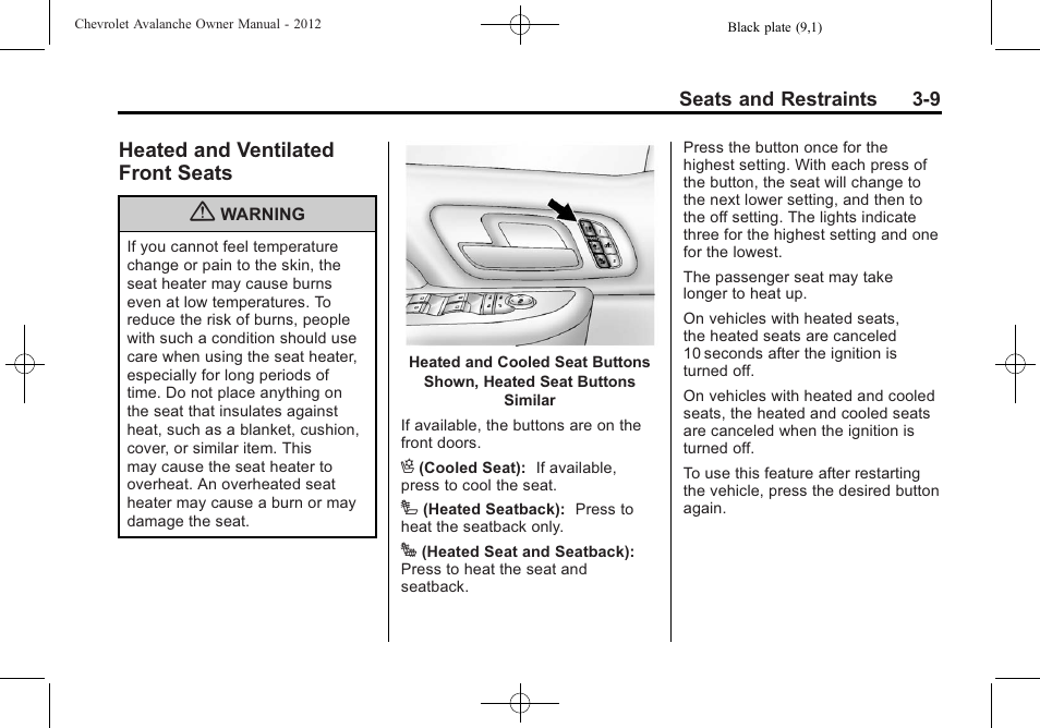 Heated and ventilated front seats, Heated and ventilated front, Seats -9 | CHEVROLET 2010 Avalanche User Manual | Page 69 / 508