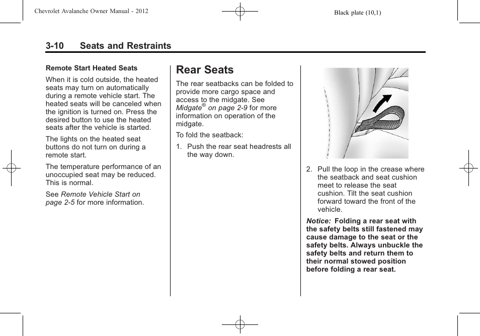Rear seats, Rear seats -10, 10 seats and restraints | CHEVROLET 2010 Avalanche User Manual | Page 70 / 508