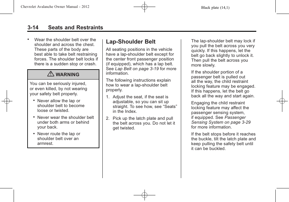 Lap-shoulder belt, Lap-shoulder belt -14, Replacing | 14 seats and restraints | CHEVROLET 2010 Avalanche User Manual | Page 74 / 508