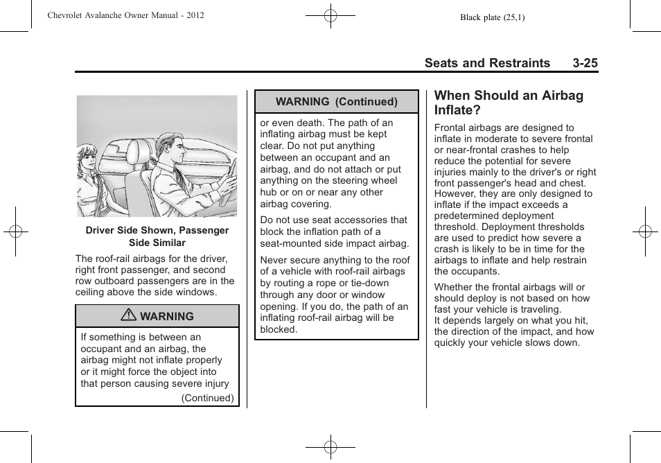 When should an airbag inflate, When should an airbag, Inflate? -25 | CHEVROLET 2010 Avalanche User Manual | Page 85 / 508