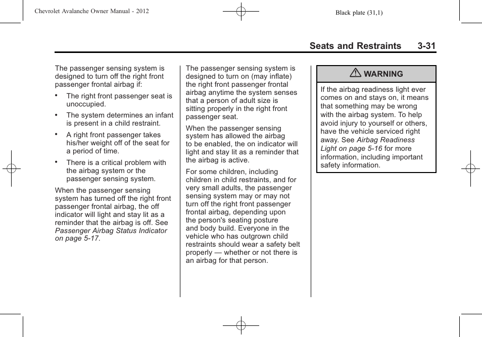 Seats and restraints 3-31 | CHEVROLET 2010 Avalanche User Manual | Page 91 / 508