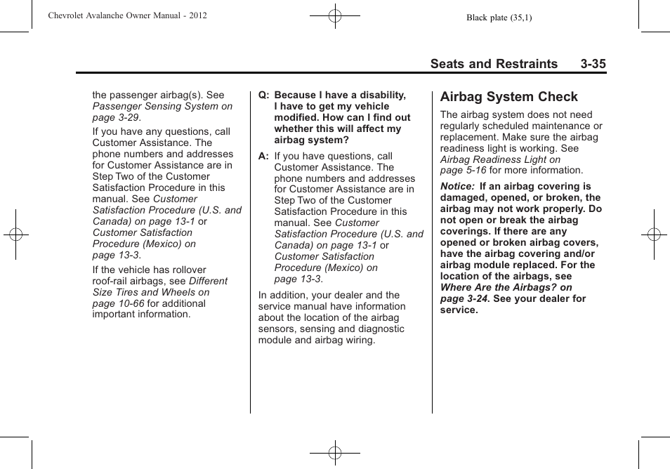 Airbag system check, Airbag system check -35 | CHEVROLET 2010 Avalanche User Manual | Page 95 / 508