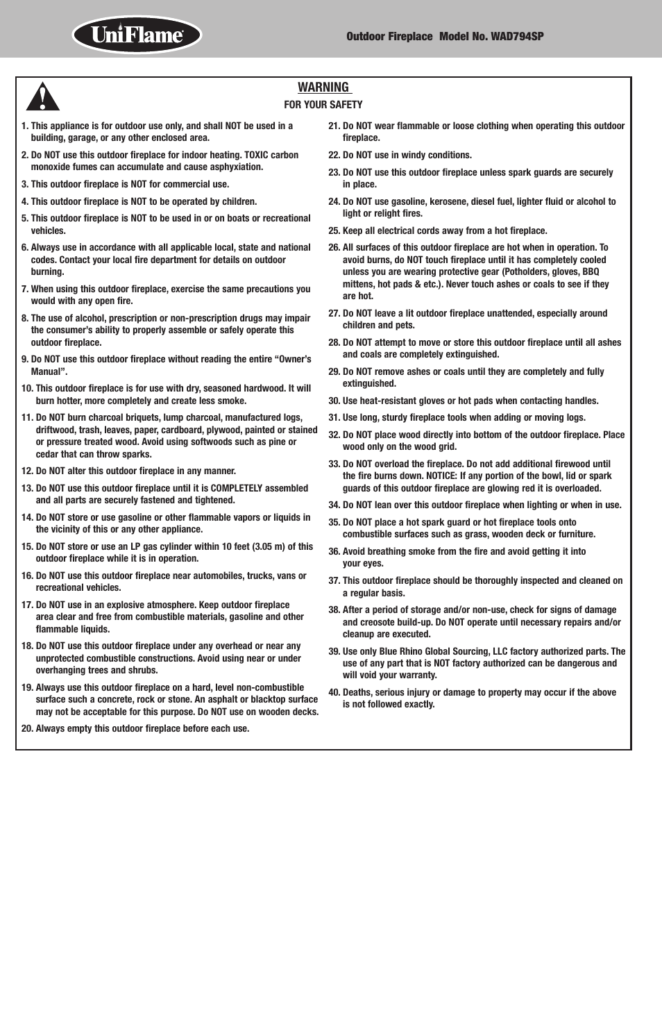 Warning | Blue Rhino WAD794SP User Manual | Page 2 / 5
