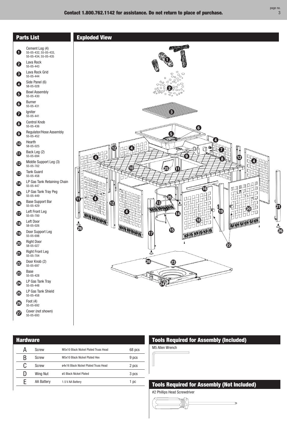 Tools required for assembly (included), Tools required for assembly (not included), Parts list | Exploded view, Hardware | Blue Rhino GAD860SP User Manual | Page 3 / 12