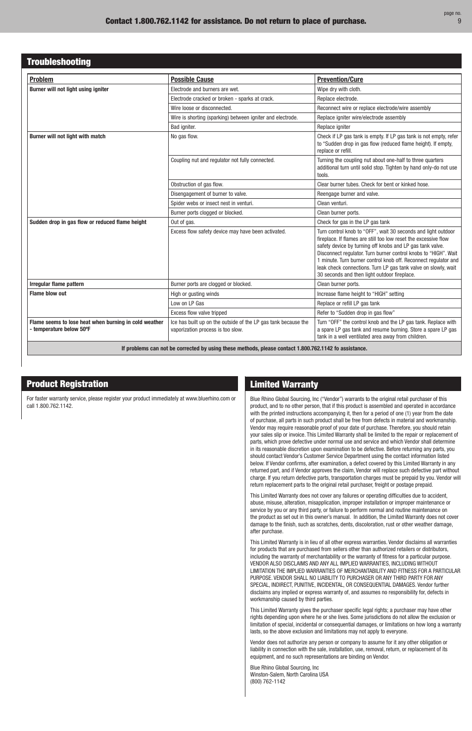 Product registration, Troubleshooting, Limited warranty | Blue Rhino GAD860SP User Manual | Page 9 / 12