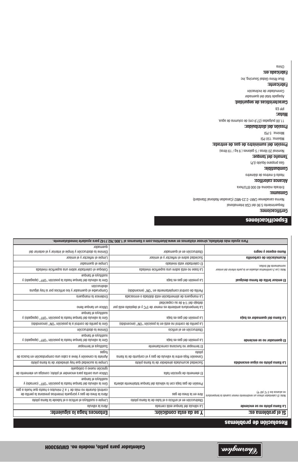 Especificaciones, Resolución de problemas, Calentador para patio, modelo no. gwu9300h | Blue Rhino GWU9300H User Manual | Page 11 / 20