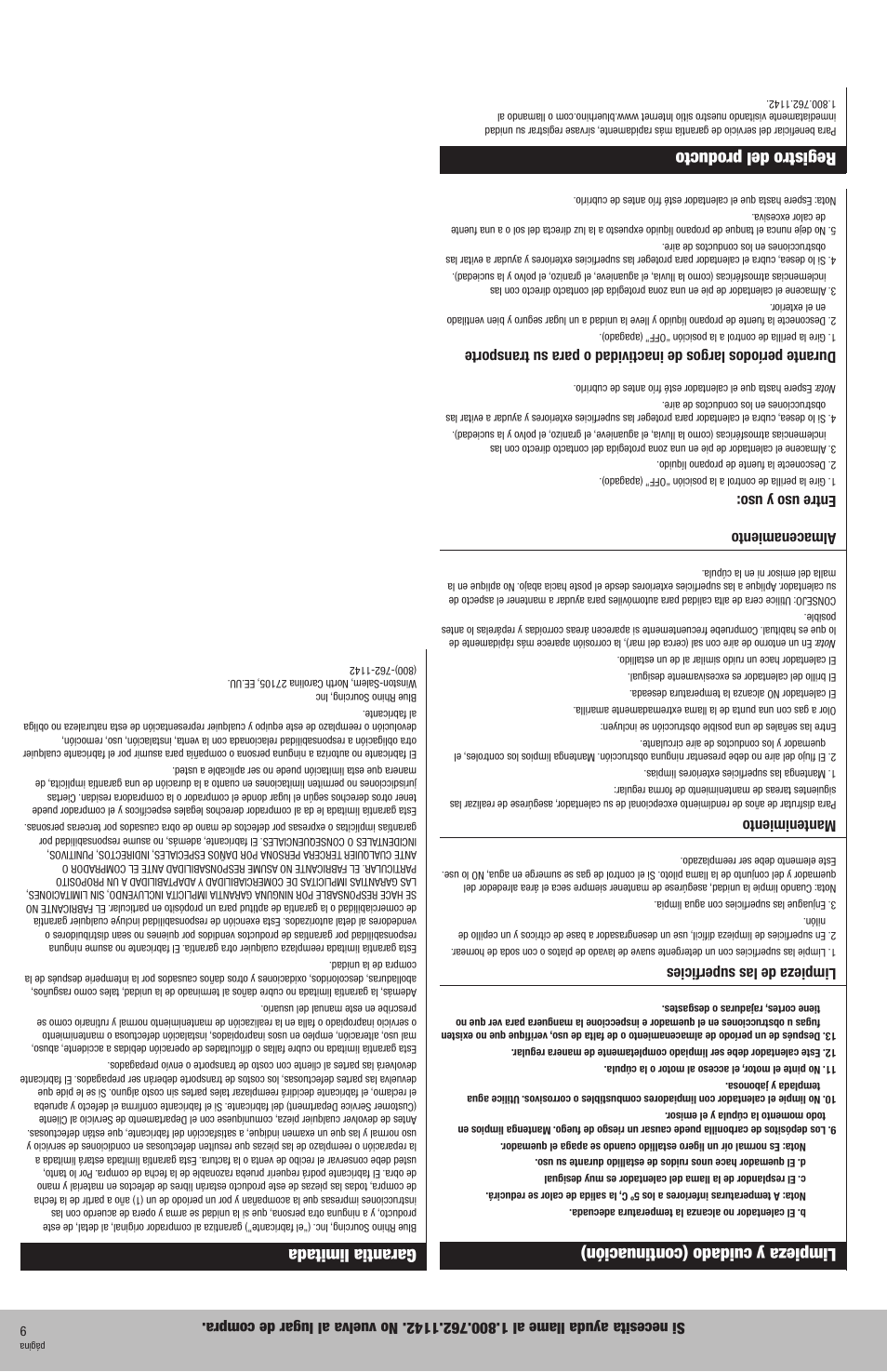 Registro del producto, Limpieza de las superficies, Mantenimiento | Almacenamiento entre uso y uso | Blue Rhino GWU9300H User Manual | Page 12 / 20