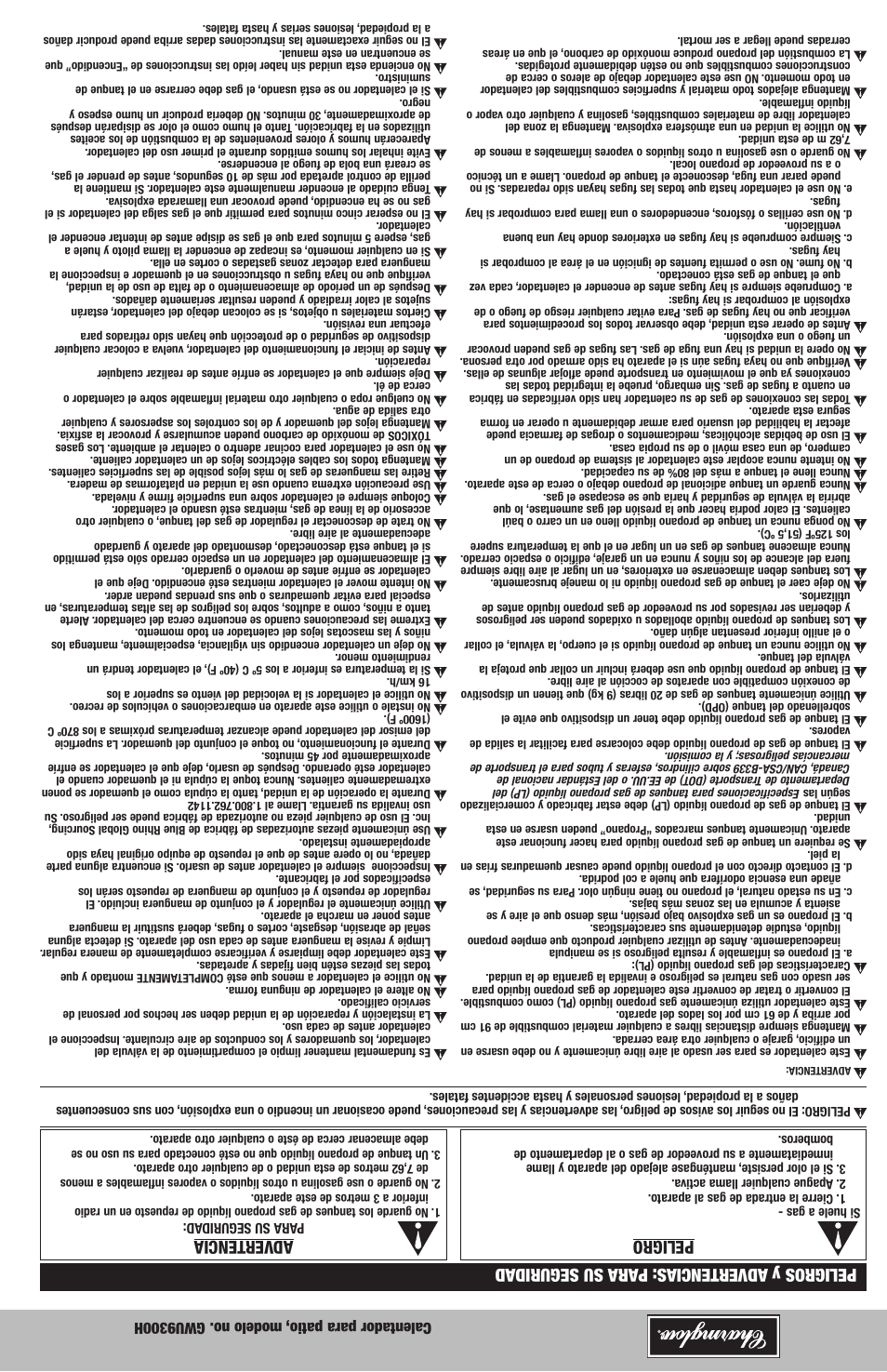 Peligro, Peligros y advertencias: para su seguridad, Adver tencia | Blue Rhino GWU9300H User Manual | Page 19 / 20