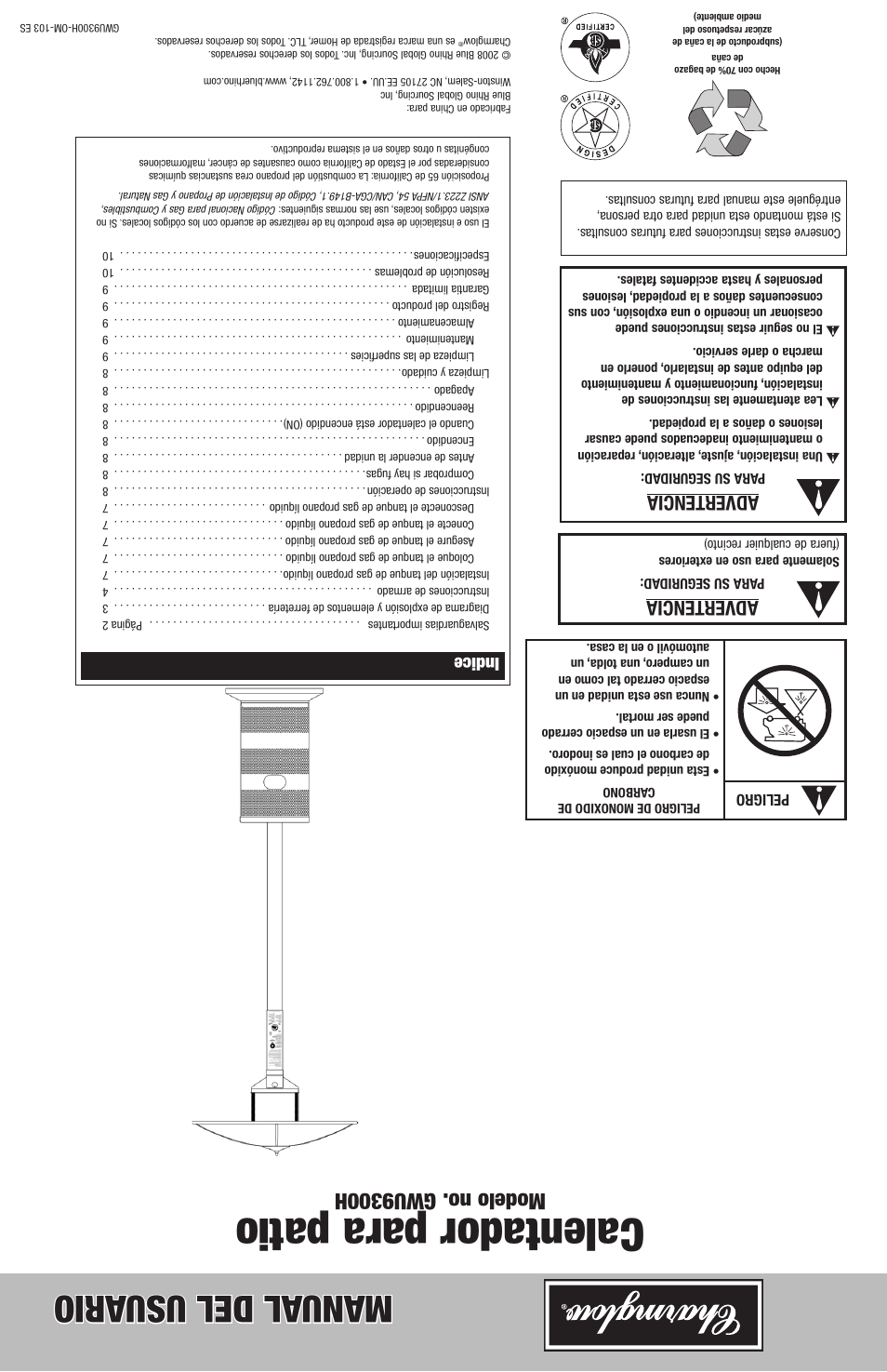 Calentador para patio, Manual del usu ario, Modelo no. gwu9300h | Advertencia, Indice | Blue Rhino GWU9300H User Manual | Page 20 / 20