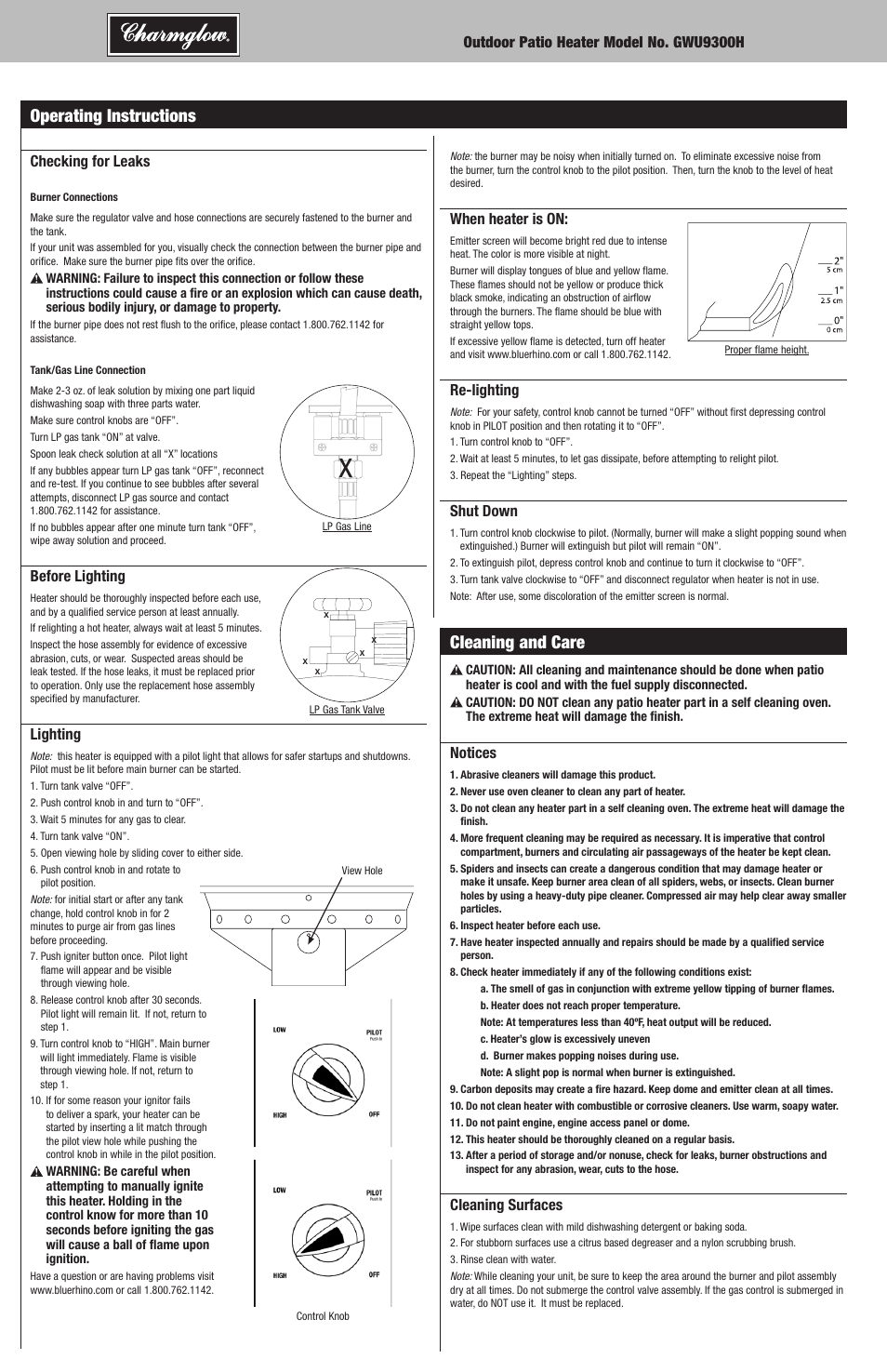 Cleaning and care, Operating instructions | Blue Rhino GWU9300H User Manual | Page 8 / 20