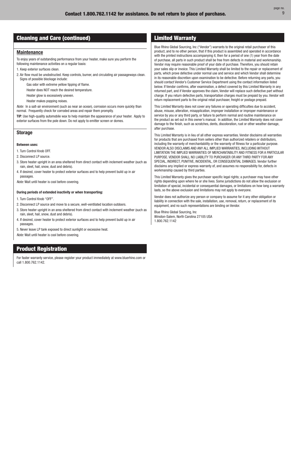 Product registration, Cleaning and care (continued) limited warranty | Blue Rhino GWU9300H User Manual | Page 9 / 20