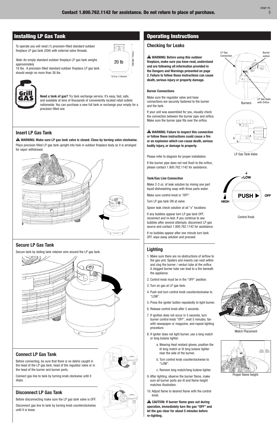 Installing lp gas tank, Operating instructions, Checking for leaks | Lighting, Insert lp gas tank, Secure lp gas tank, Connect lp gas tank, Disconnect lp gas tank | Blue Rhino GAF720W User Manual | Page 5 / 16