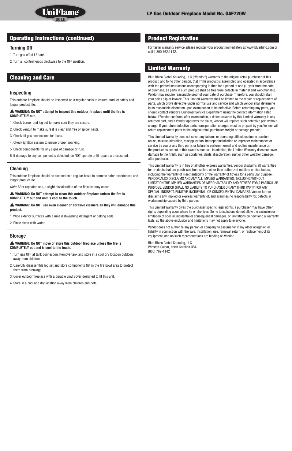 Cleaning and care, Product registration, Limited warranty | Operating instructions (continued) | Blue Rhino GAF720W User Manual | Page 6 / 16