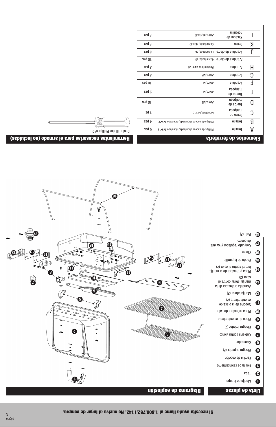 Lista de piezas, Elementos de ferretería, Diagrama de explosión | Blue Rhino GBT726M User Manual | Page 11 / 16