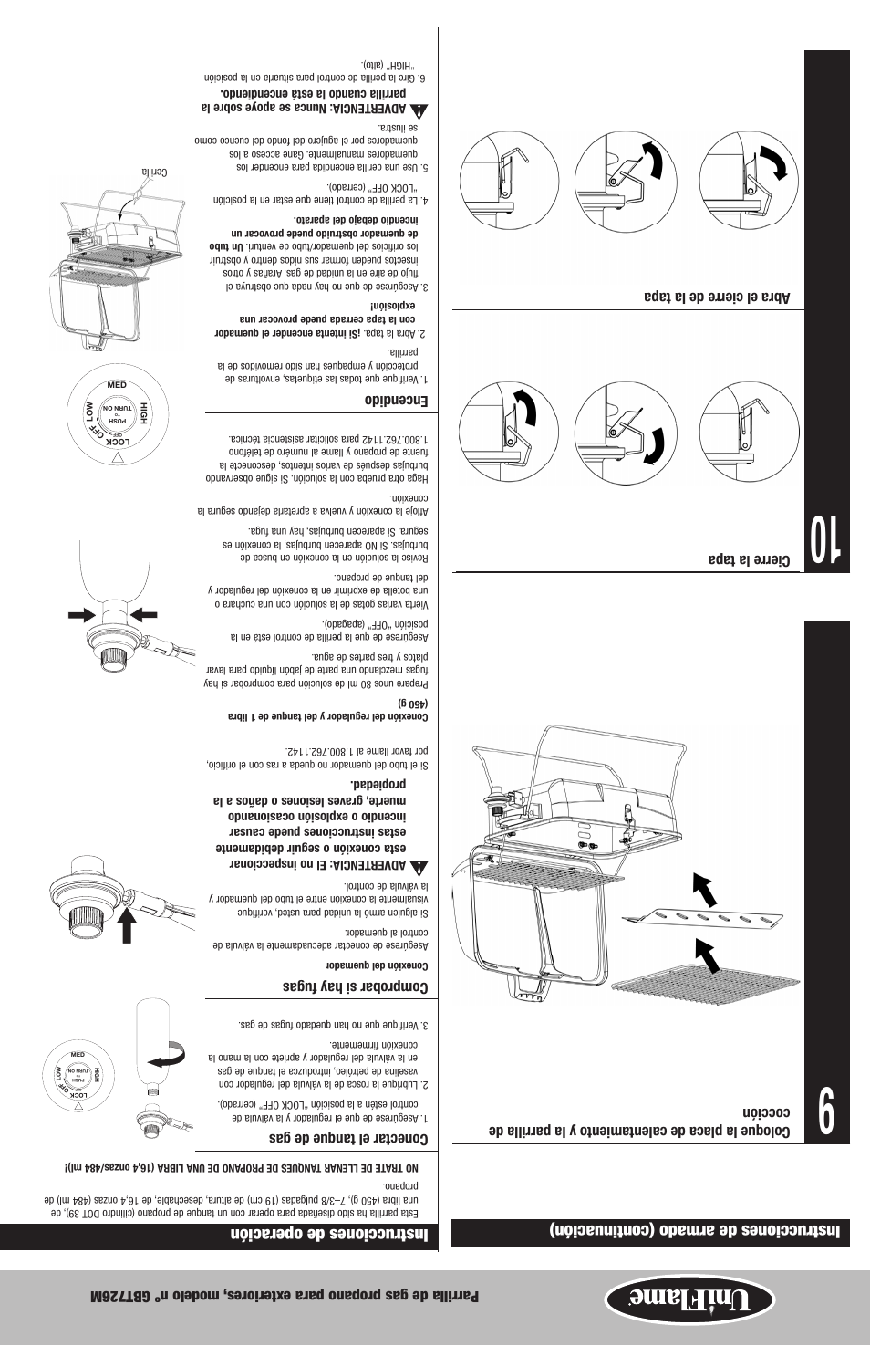 Instrucciones de operación, Instrucciones de armado (continuación), Conectar el tanque de gas | Comprobar si hay fugas, Encendido, Cierre la tapa abra el cierre de la tapa | Blue Rhino GBT726M User Manual | Page 14 / 16
