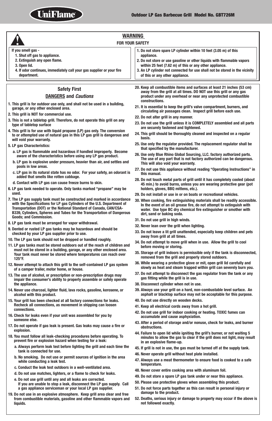 Warning, Safety first dangers and cautions | Blue Rhino GBT726M User Manual | Page 2 / 16