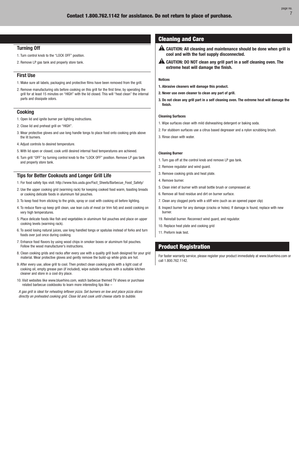 Operating instructions, Cleaning and care, Product registration | Blue Rhino GBT726M User Manual | Page 7 / 16