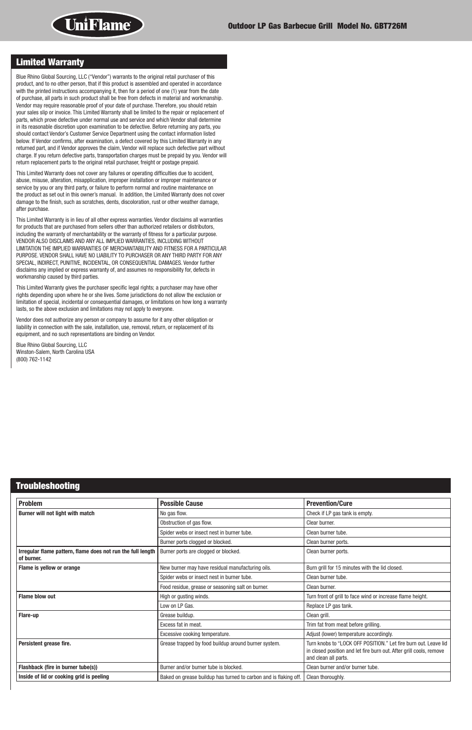 Troubleshooting, Limited warranty, Outdoor lp gas barbecue grill model no. gbt726m | Blue Rhino GBT726M User Manual | Page 8 / 16