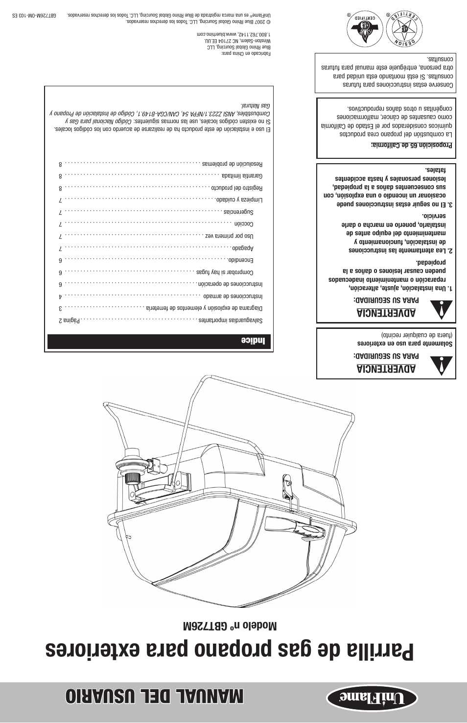 Parrilla de gas propano para e xteriores, Manual del usu ario, Modelo nº gbt726m | Advertencia, Indice | Blue Rhino GBT726M User Manual | Page 9 / 16