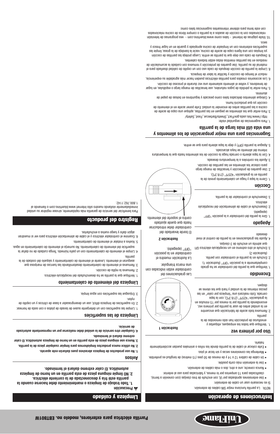 Limpieza y cuidado, Registro del producto, Instrucciones de operación | Blue Rhino EBT801W User Manual | Page 11 / 16