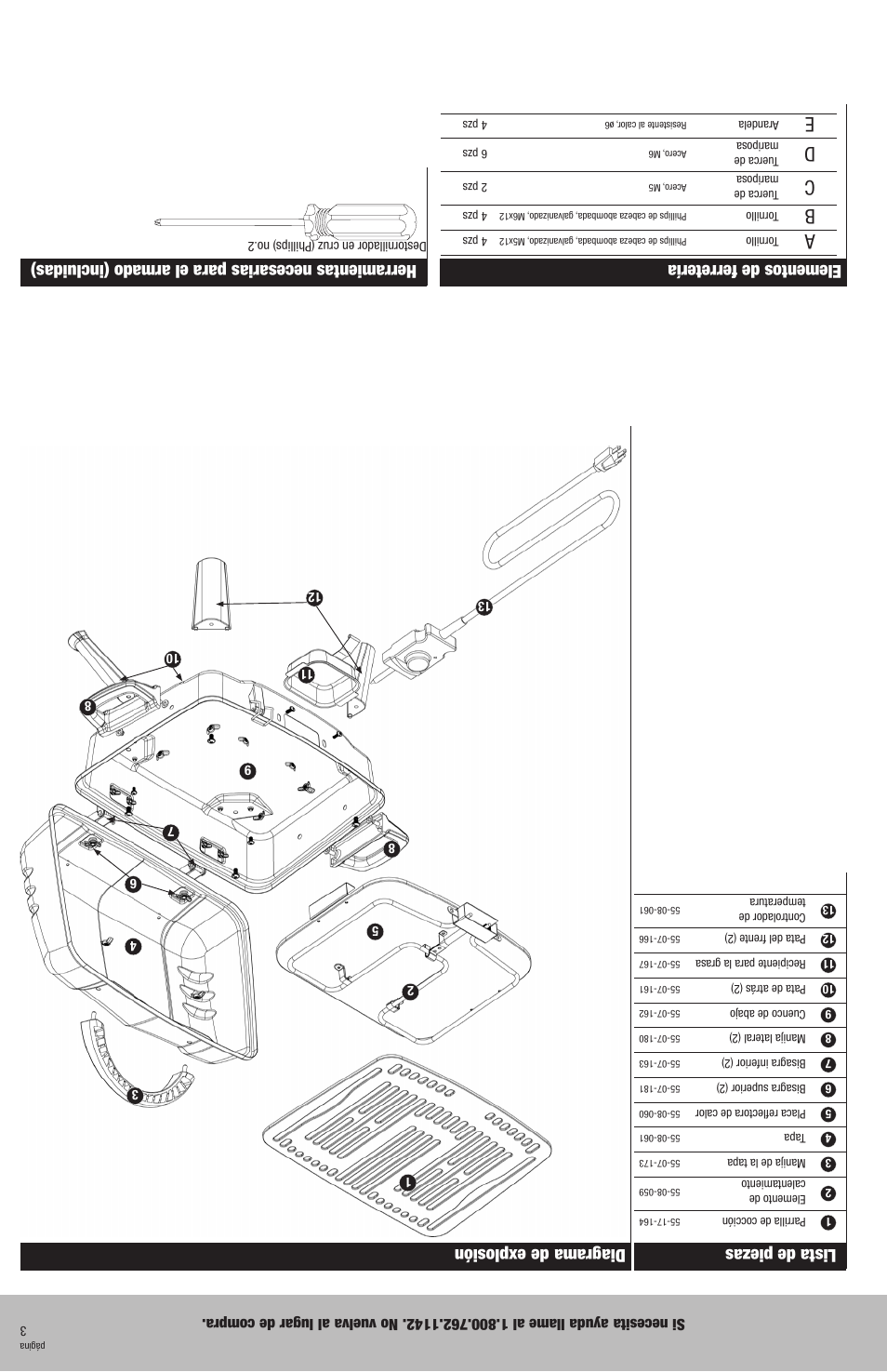 Lista de piezas, Diagrama de explosión, Elementos de ferretería | Herramientas necesarias para el armado (incluidas) | Blue Rhino EBT801W User Manual | Page 14 / 16