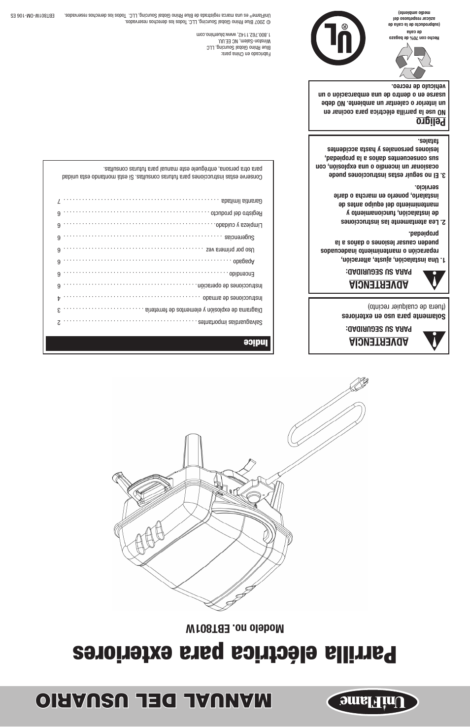Parrilla eléctrica para exteriores, Manual del usuario, Modelo no. ebt801w | Peligro, Advertencia, Indice | Blue Rhino EBT801W User Manual | Page 16 / 16