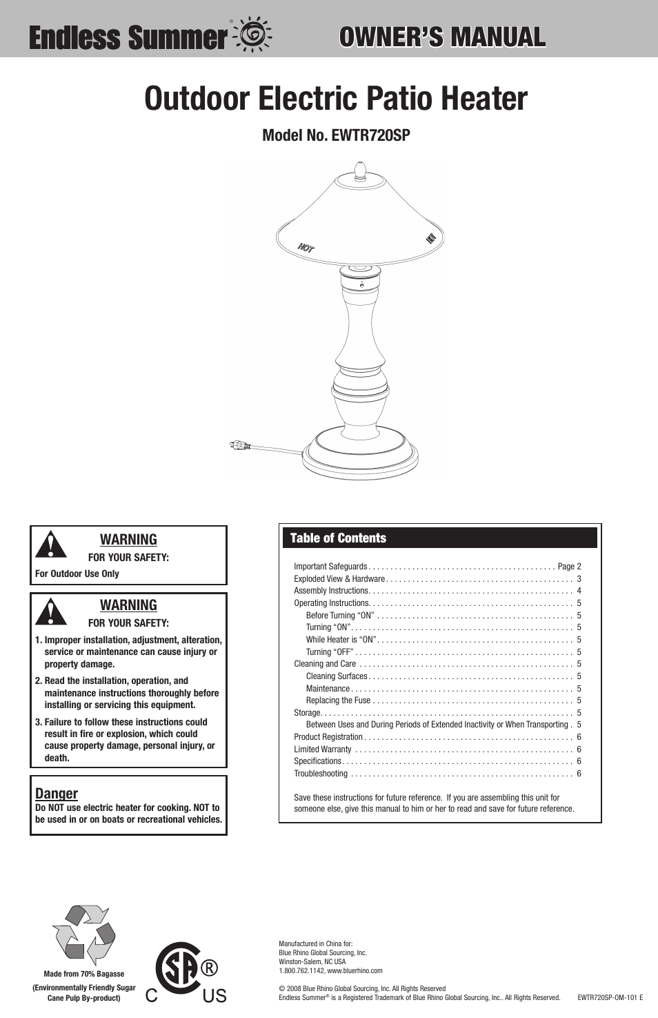 Blue Rhino ENDLESS SUMMER EWTR720SP User Manual | 8 pages