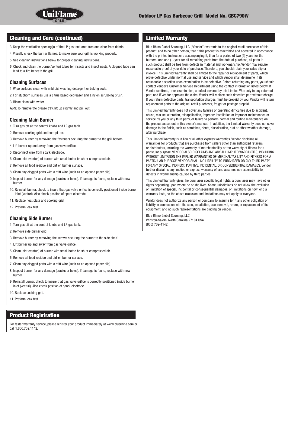 Limited warranty, Product registration, Cleaning and care (continued) | Blue Rhino GBC790W User Manual | Page 10 / 24