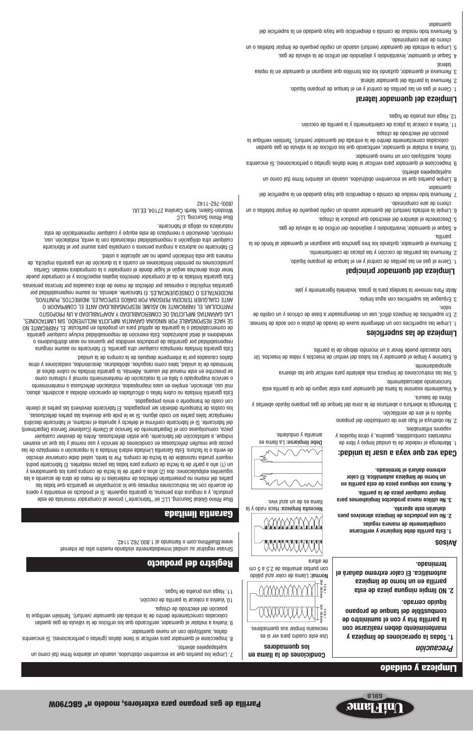 Registro del producto, Garantia limitada, Limpieza y cuidado | Precaución, Avisos, Cada vez que vay a a usar la unidad, Limpieza de las superficies, Limpieza del quemador principal, Limpieza del quemador lateral | Blue Rhino GBC790W User Manual | Page 15 / 24