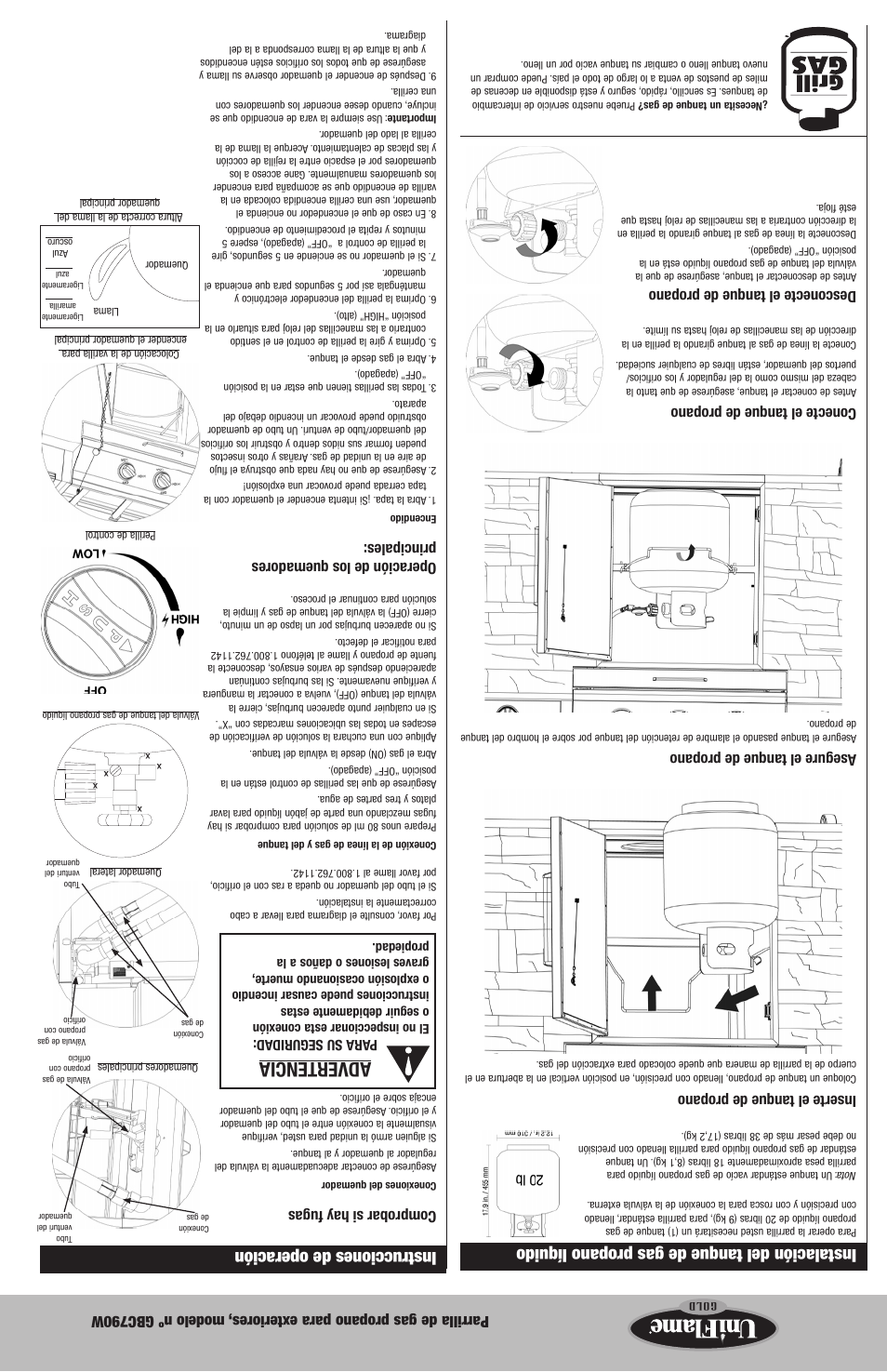 Advertencia, Instrucciones de operación, Instalación del tanque de gas propano líquido | Comprobar si hay fugas, Operación de los quemadores principales, Inserte el tanque de propano, Asegure el tanque de propano, Conecte el tanque de propano, Desconecte el tanque de propano | Blue Rhino GBC790W User Manual | Page 17 / 24