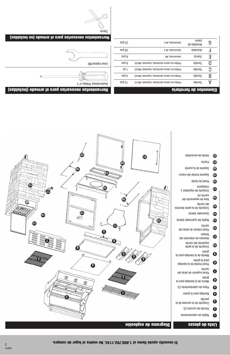 Herramientas necesarias para el armado (incluidas), Lista de piezas, Diagrama de explosión elementos de ferretería | Blue Rhino GBC790W User Manual | Page 22 / 24