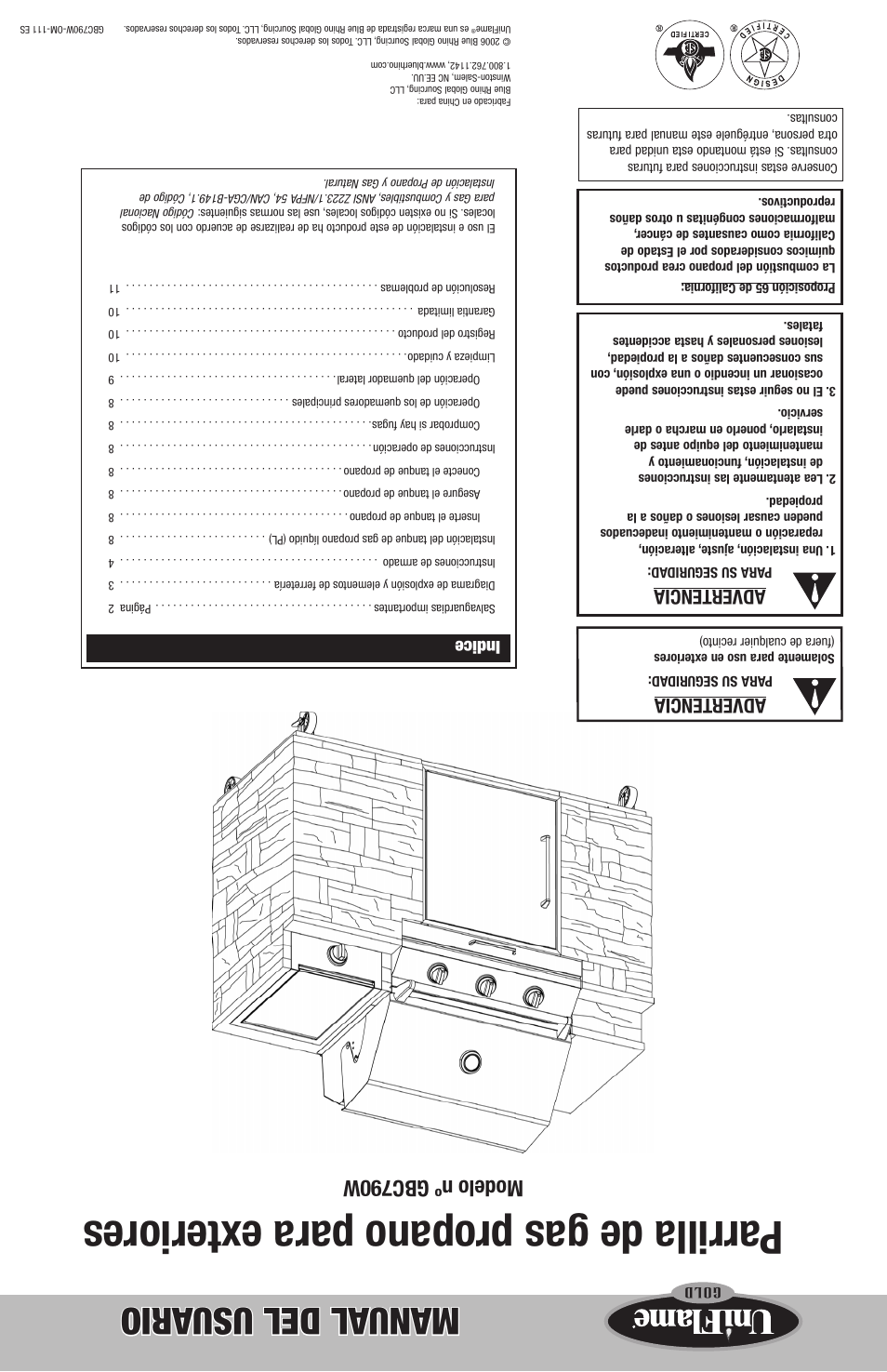 Parrilla de gas propano para e xteriores, Manual del usu ario, Modelo nº gbc790w | Advertencia, Indice | Blue Rhino GBC790W User Manual | Page 24 / 24