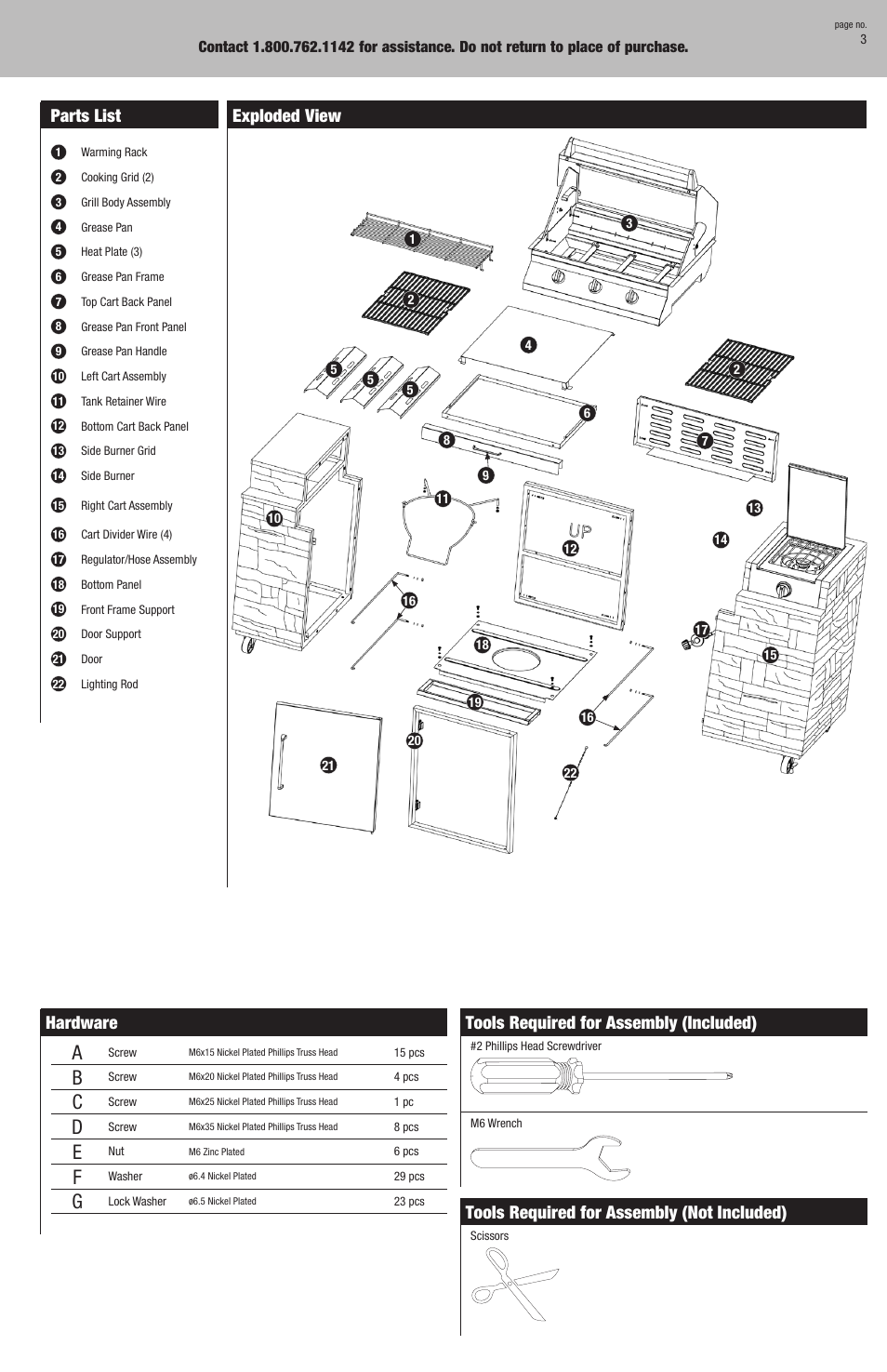 Tools required for assembly (included), Tools required for assembly (not included), Parts list | Exploded view hardware | Blue Rhino GBC790W User Manual | Page 3 / 24