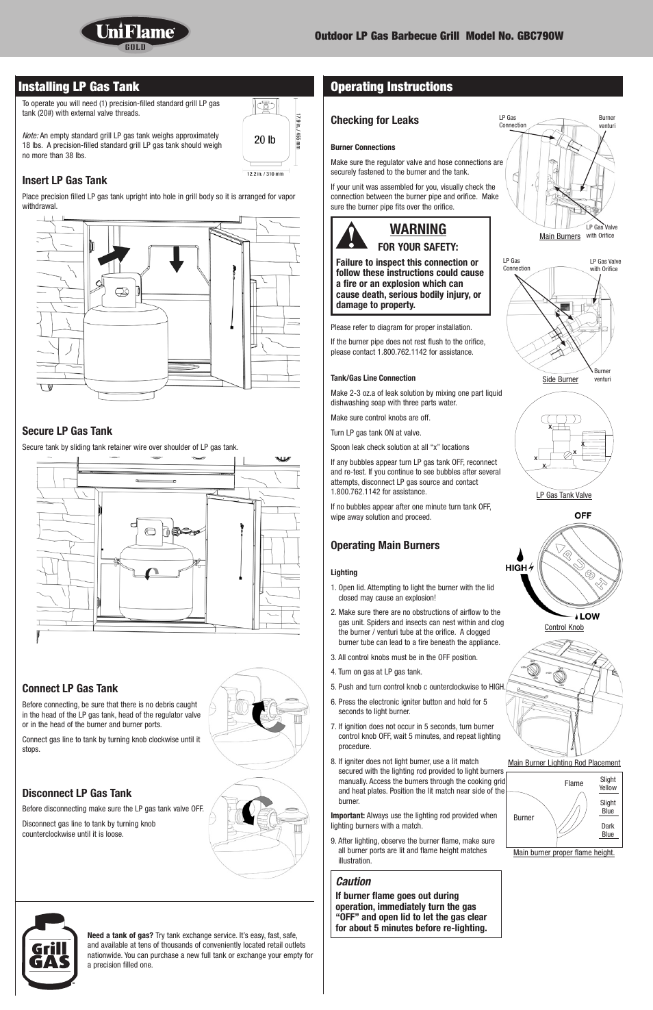 Warning, Operating instructions, Installing lp gas tank | Checking for leaks, Operating main burners, Caution, Insert lp gas tank, Secure lp gas tank, Connect lp gas tank, Disconnect lp gas tank | Blue Rhino GBC790W User Manual | Page 8 / 24