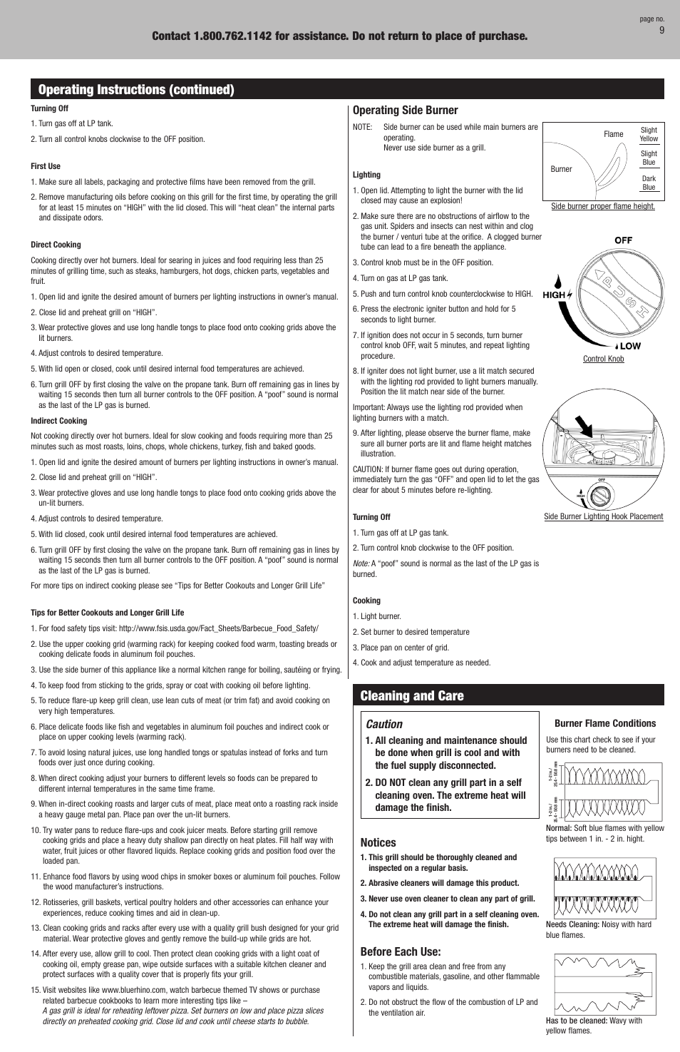 Cleaning and care, Operating instructions (continued), Operating side burner | Caution, Notices, Before each use | Blue Rhino GBC790W User Manual | Page 9 / 24