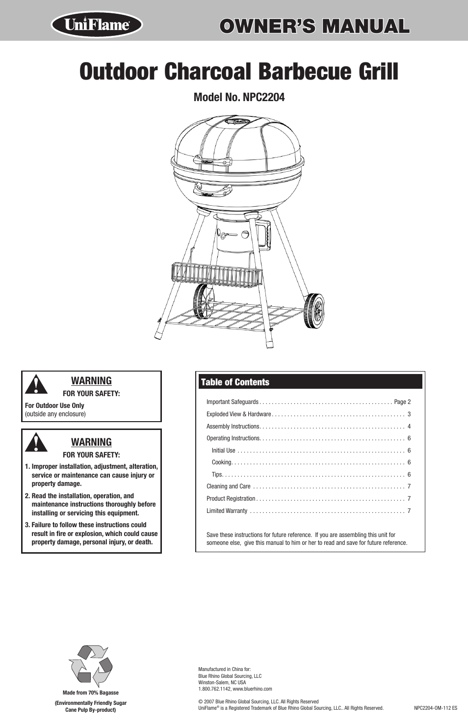 Blue Rhino Outdoor Charcoal Barbecue Grill NPC2204 User Manual | 16 pages