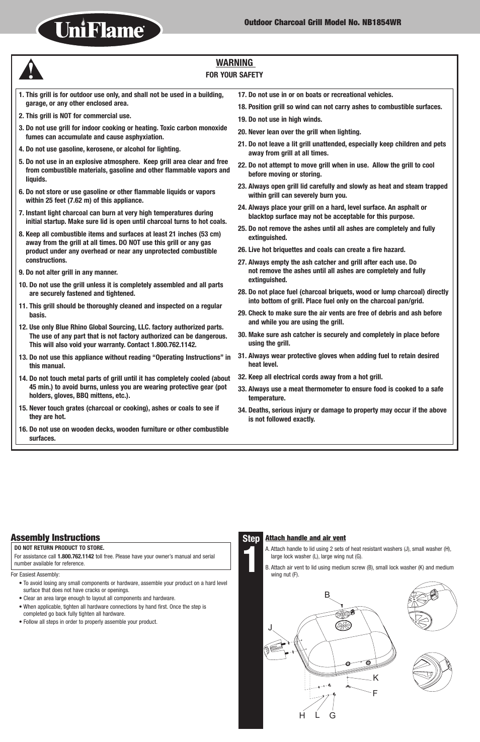 Warning, Step, Assembly instructions | Blue Rhino NB1854WR User Manual | Page 2 / 10