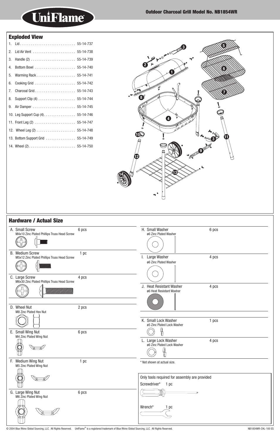 Exploded view, Hardware / actual size | Blue Rhino NB1854WR User Manual | Page 5 / 10