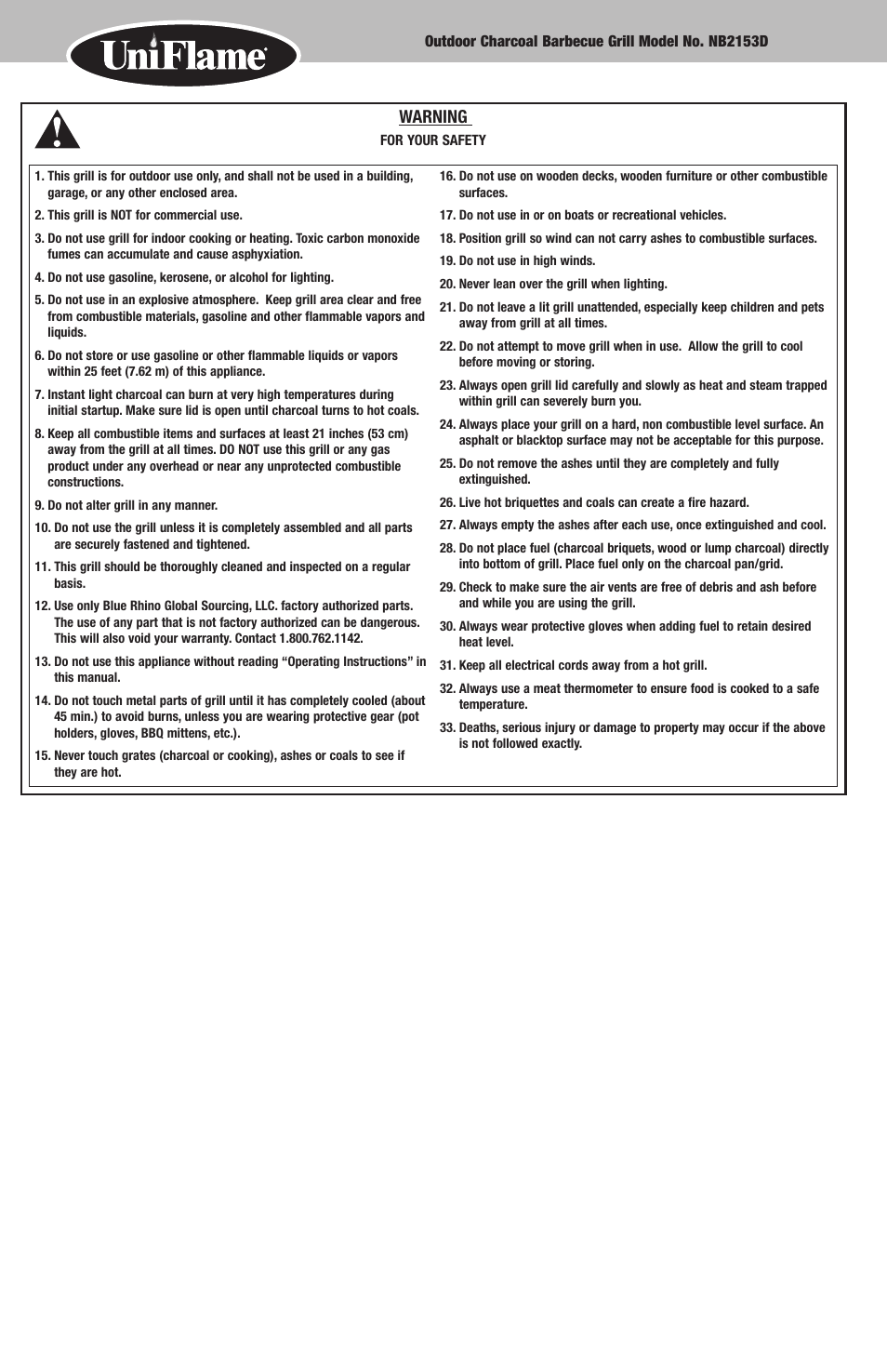 Warning | Blue Rhino NB2153D User Manual | Page 2 / 12