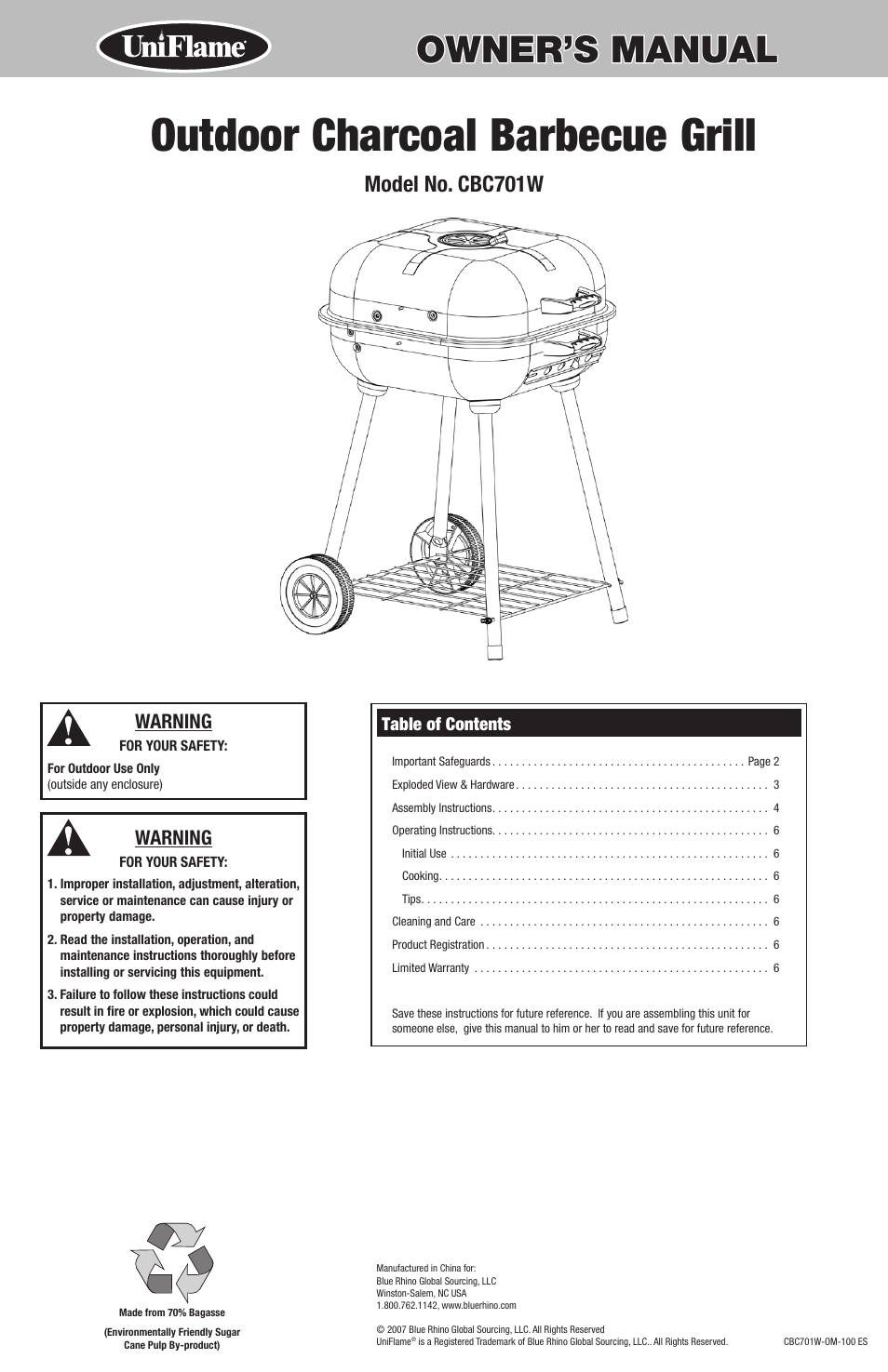 Blue Rhino Outdoor Charcoal Barbecue Grill CBC701W User Manual | 16 pages